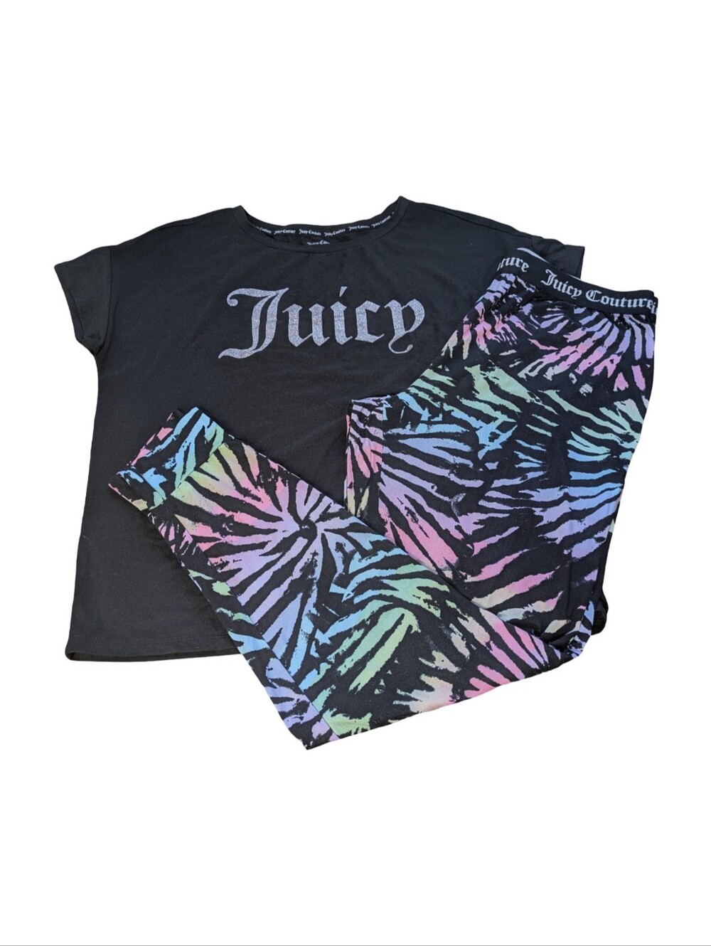 Juicy Couture Black Tee with Pastel Rainbow Zebra Joggers Pajama Set
